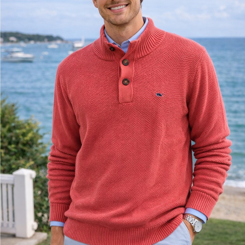 Vineyard Vines Cotton Pique Coral Crewneck Button-Front Sweater Preppy Coastal